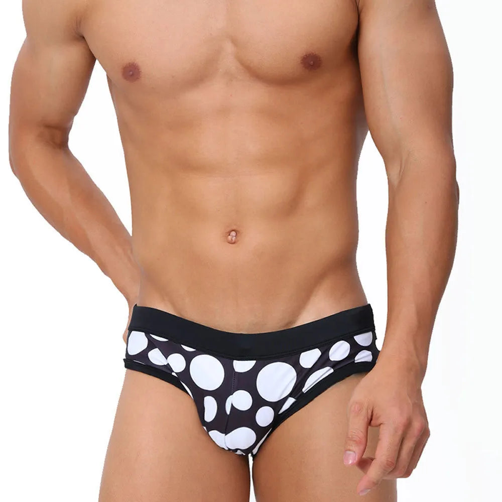 Men's triangle swimming trunks with cups, polyester, black or red ribbon cup design, sizes M to XXL