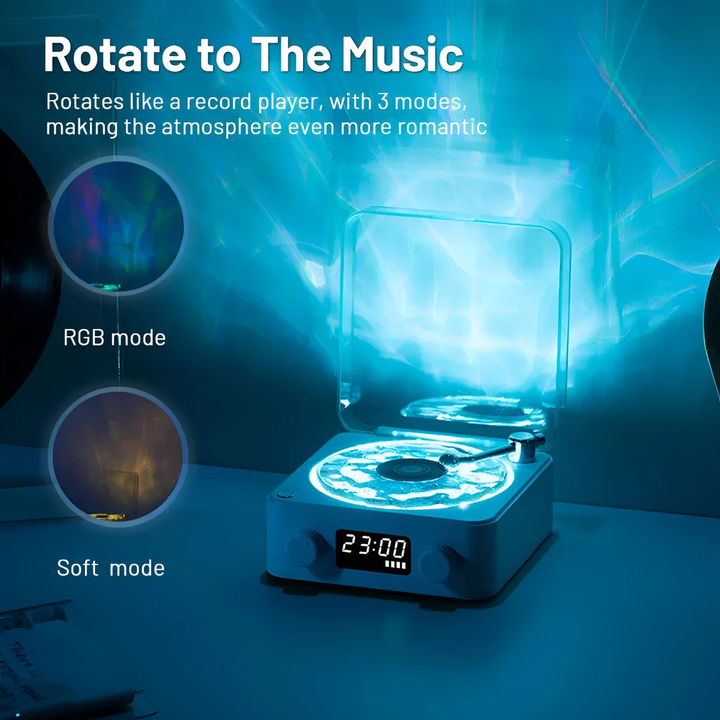 Retro-style Bluetooth speaker with rotating vinyl turntable and RGB coloured lighting effects