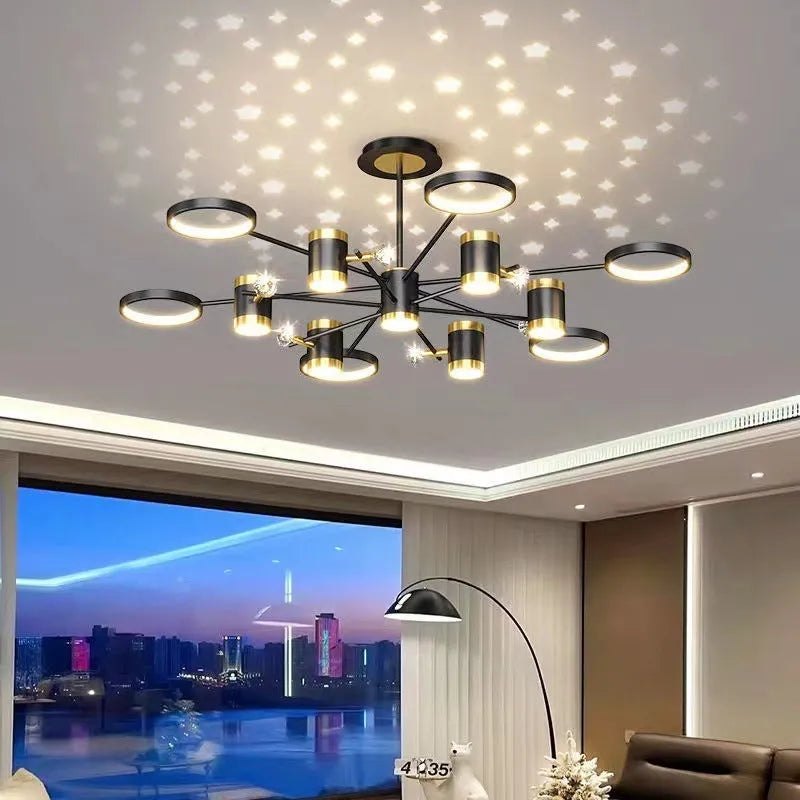 Black iron pendant lamp with 13 heads, remote control, adjustable height for 15-30 square metre rooms