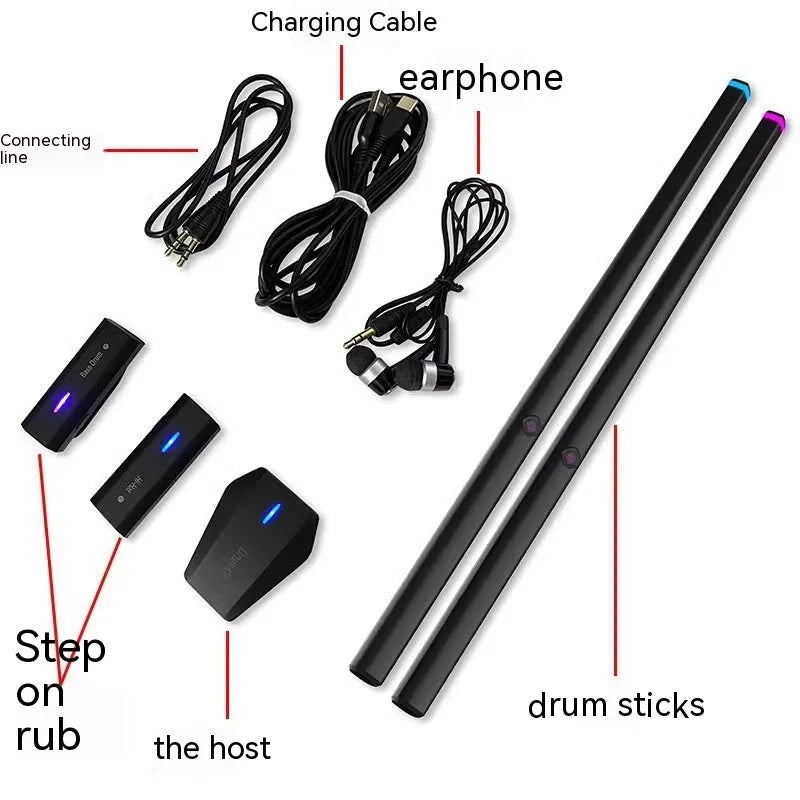 Black wireless air drum kit with drumsticks and foam floor markers for virtual reality music creation