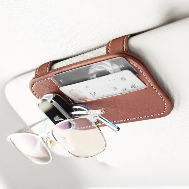 Automotive sun louver storage multifunctional card holder in first-layer cowhide with snap-on installation and glasses clip