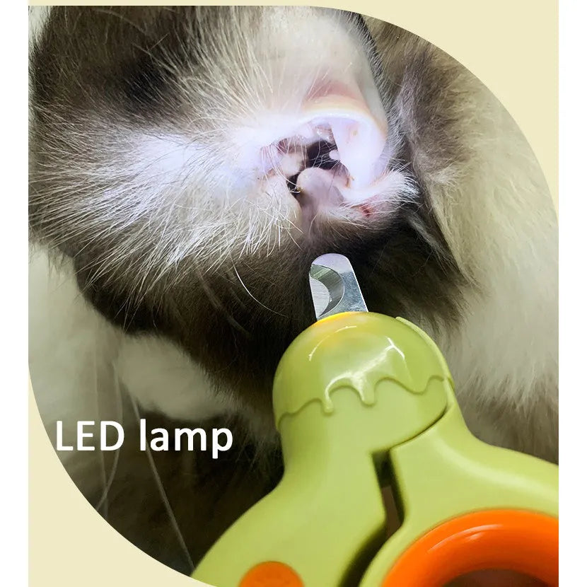 Blue pet nail clippers with LED light for illuminating blood lines during cat and dog grooming