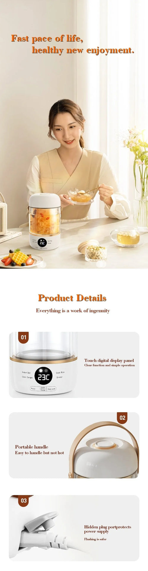 110V-240V electric stew cooker with transparent glass liner and fibre glass body, showing under 1-litre capacity