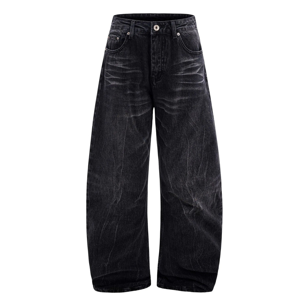 Men's black straight-leg jeans with faded lightning crack pattern on cotton denim