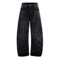 Men's black straight-leg jeans with faded lightning crack pattern on cotton denim