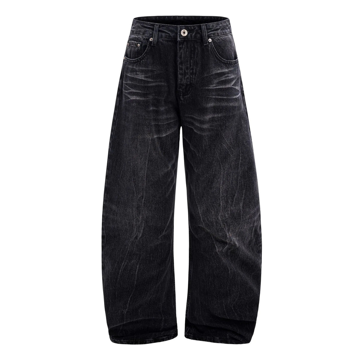 Men's black straight-leg jeans with faded lightning crack pattern on cotton denim