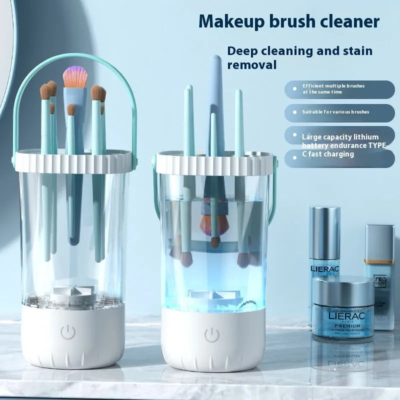 White electric makeup brush cleaning device with rotating silicone heads, 24cm length, USB rechargeable battery