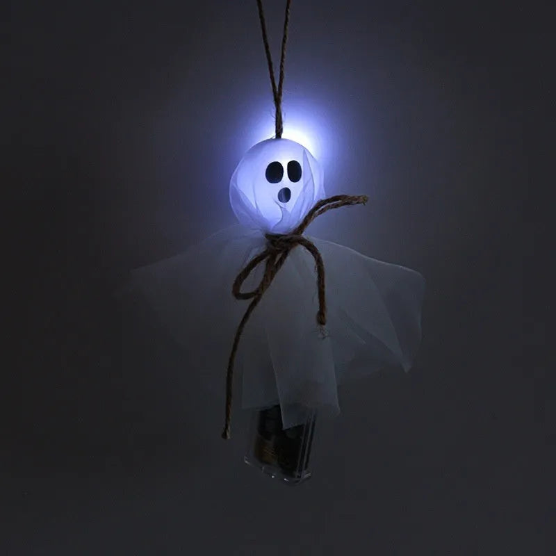 Halloween ghost LED lighting chain with 20 PVC beads in six colour options, battery-powered for spooky venue decorations