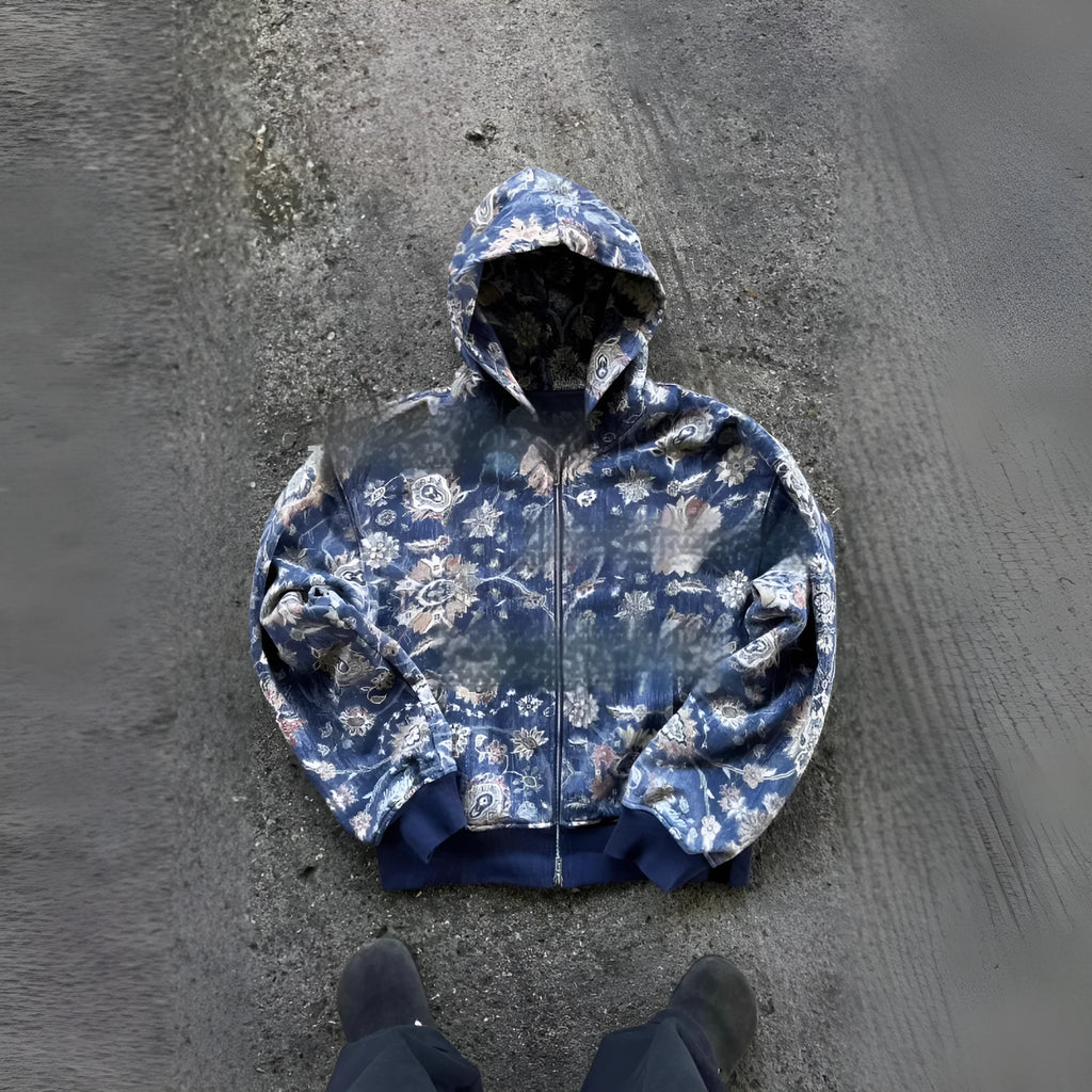 Men's loose hooded zip coat in digital print polyester fabric for casual autumn wear