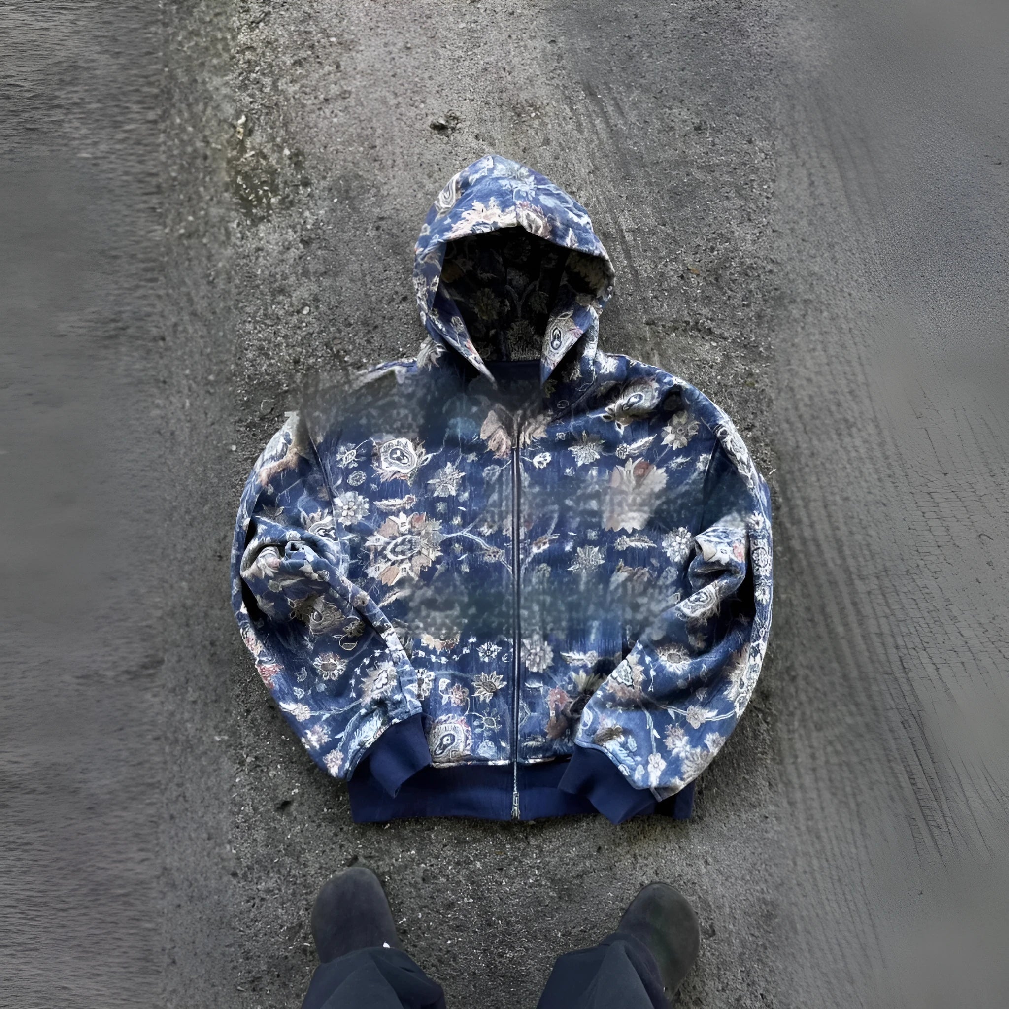 Men's loose hooded zip coat in digital print polyester fabric for casual autumn wear