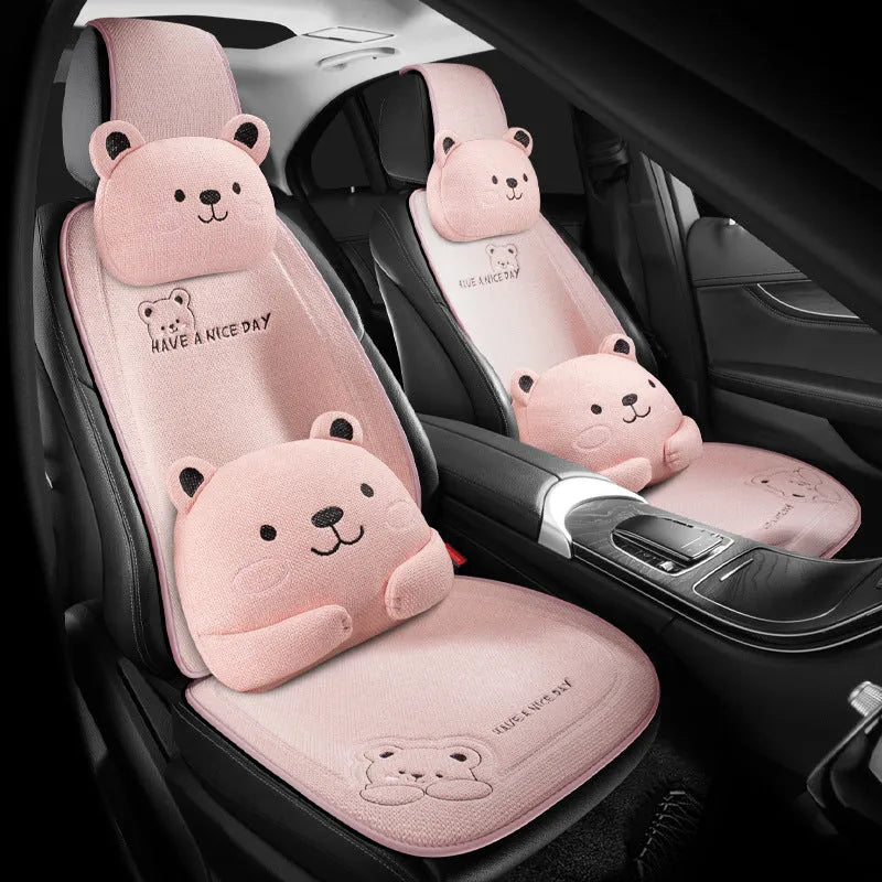 Cartoon bear patterned linen car cushion set showing headrest and lumbar support pillow in five colour variations