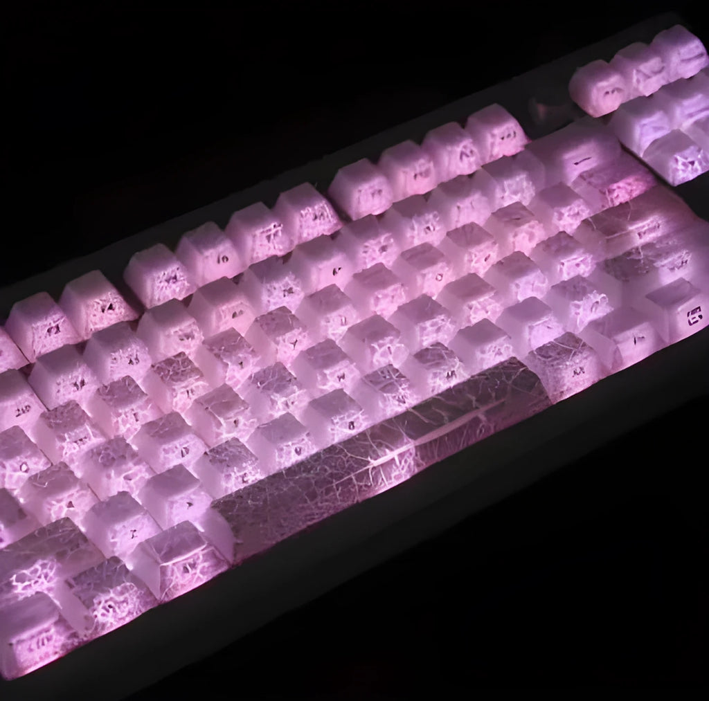 White double-stitched transparent PC keycap set for Qingying mechanical keyboards on a white background.