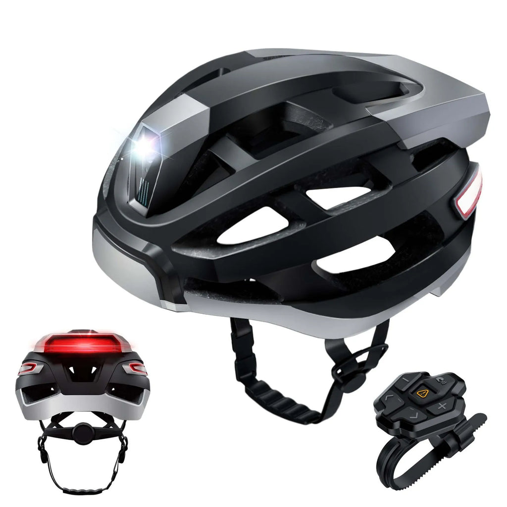 Black and grey smart cycling helmet with integrated warning lights and Bluetooth functionality