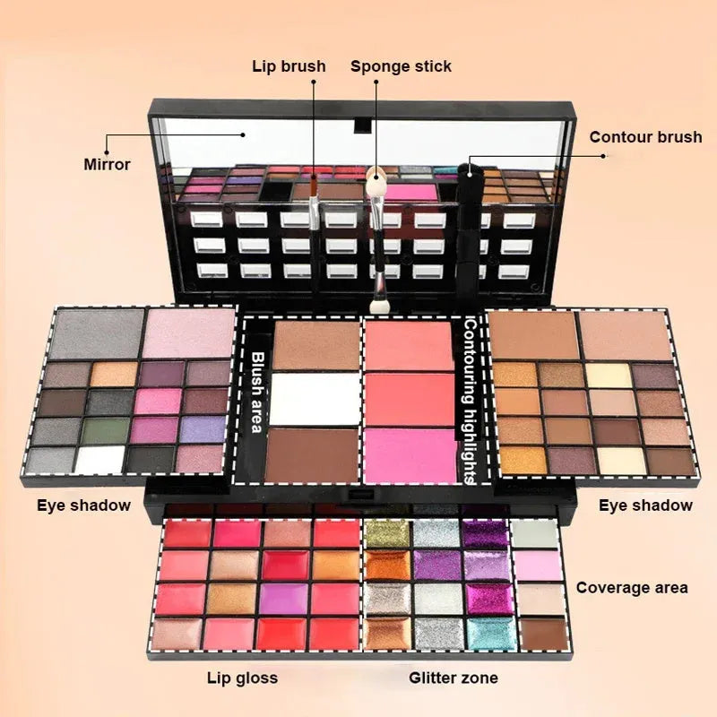 74-colour makeup set with 4-layer compact, eyeshadows, lip glosses, and brushes on display