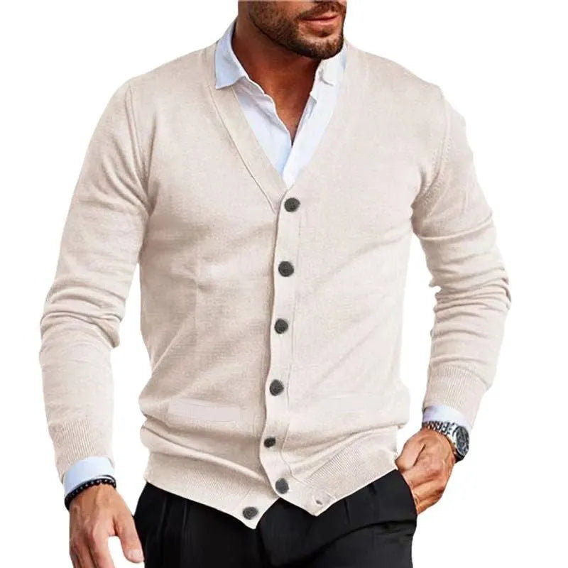 Men's slim-fit acrylic cardigan sweater in dark grey, showing cardigan style with long sleeves and standard autumn thickness