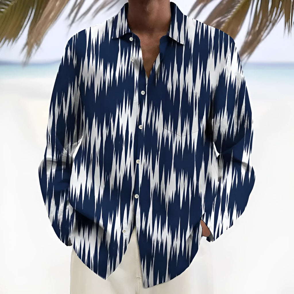 Men's multi-colour geometric pattern long sleeve cardigan shirt on a hanger.