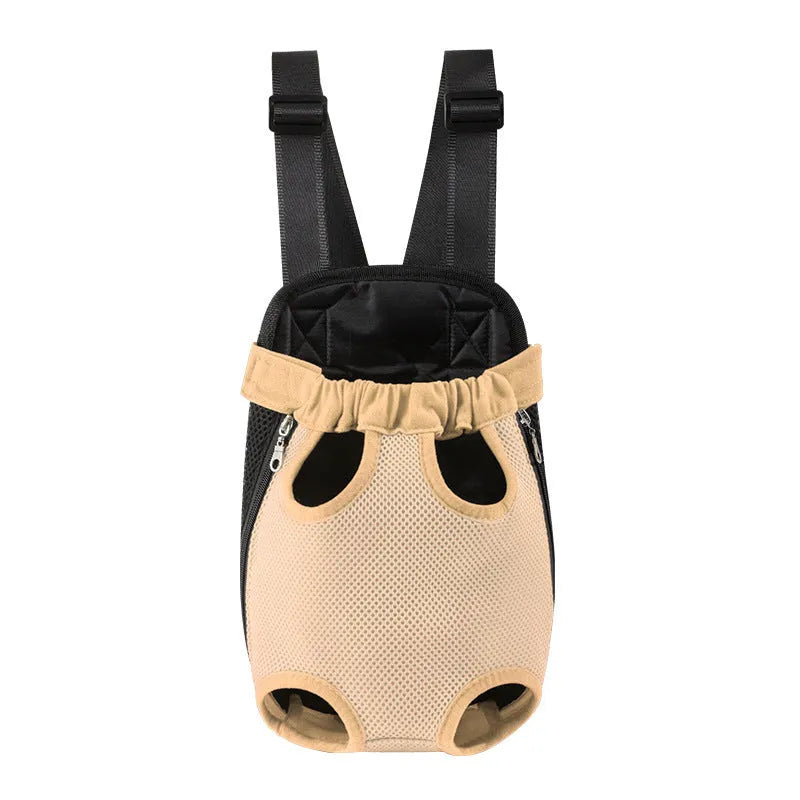 Adjustable dog carrier backpack worn on front with small dog in legs-out position