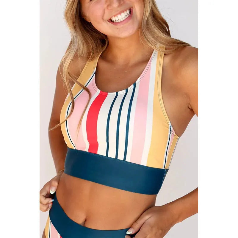 Women's blue striped sleeveless vest and high waist swim trunks set, polyester, sizes XS to 2XL
