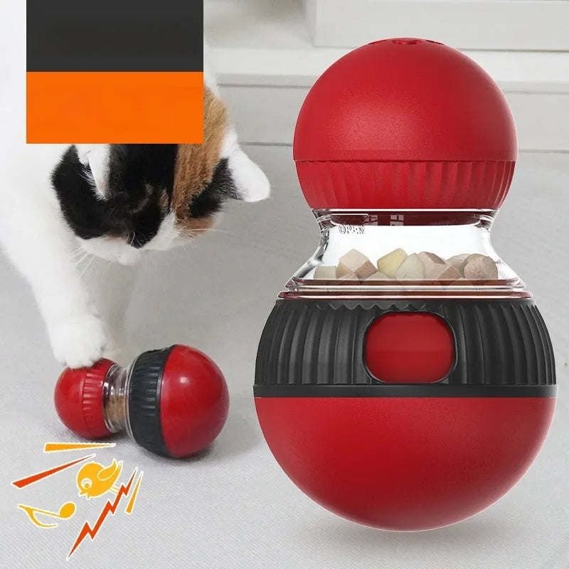 Rotating plastic cat toy ball with food dispensing slots and sound mechanism, 155mm diameter