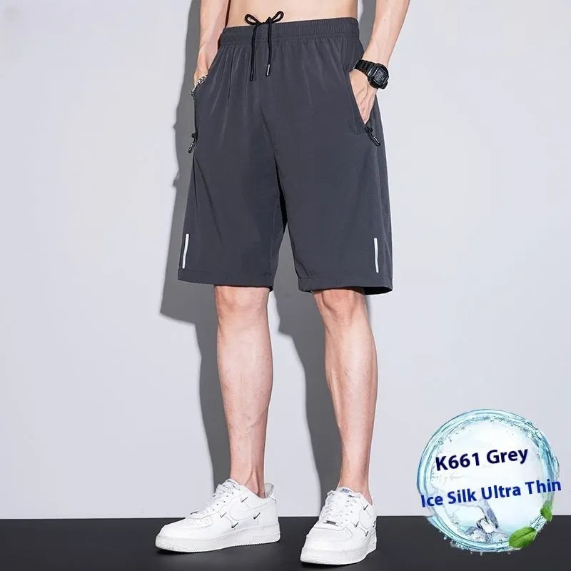 Men's thin ice silk quick-drying running shorts in black, dark blue, or light grey, sizes M to 4XL