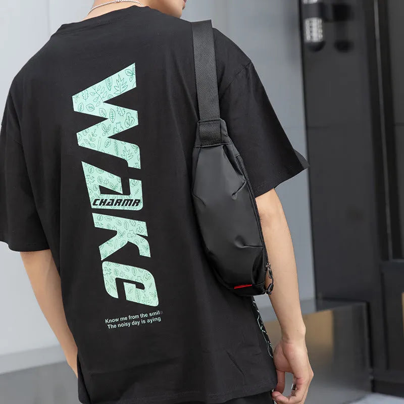 Black Oxford cloth waist pack with zipper opening showing internal mobile phone and ID card pockets