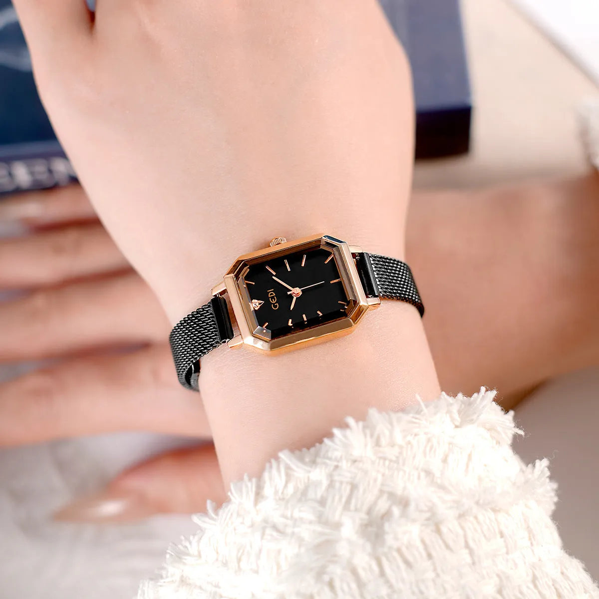 Women's square retro watch with rose shell case and slim 8mm thickness on wrist