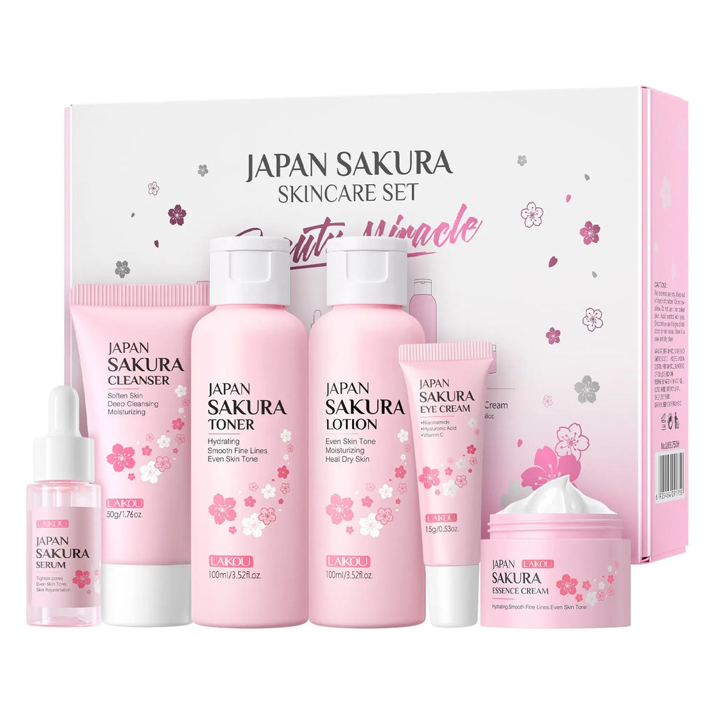 Cherry Blossom 6-piece skincare set showing cleanser, toner, moisturiser, essence, eye cream and essence cream