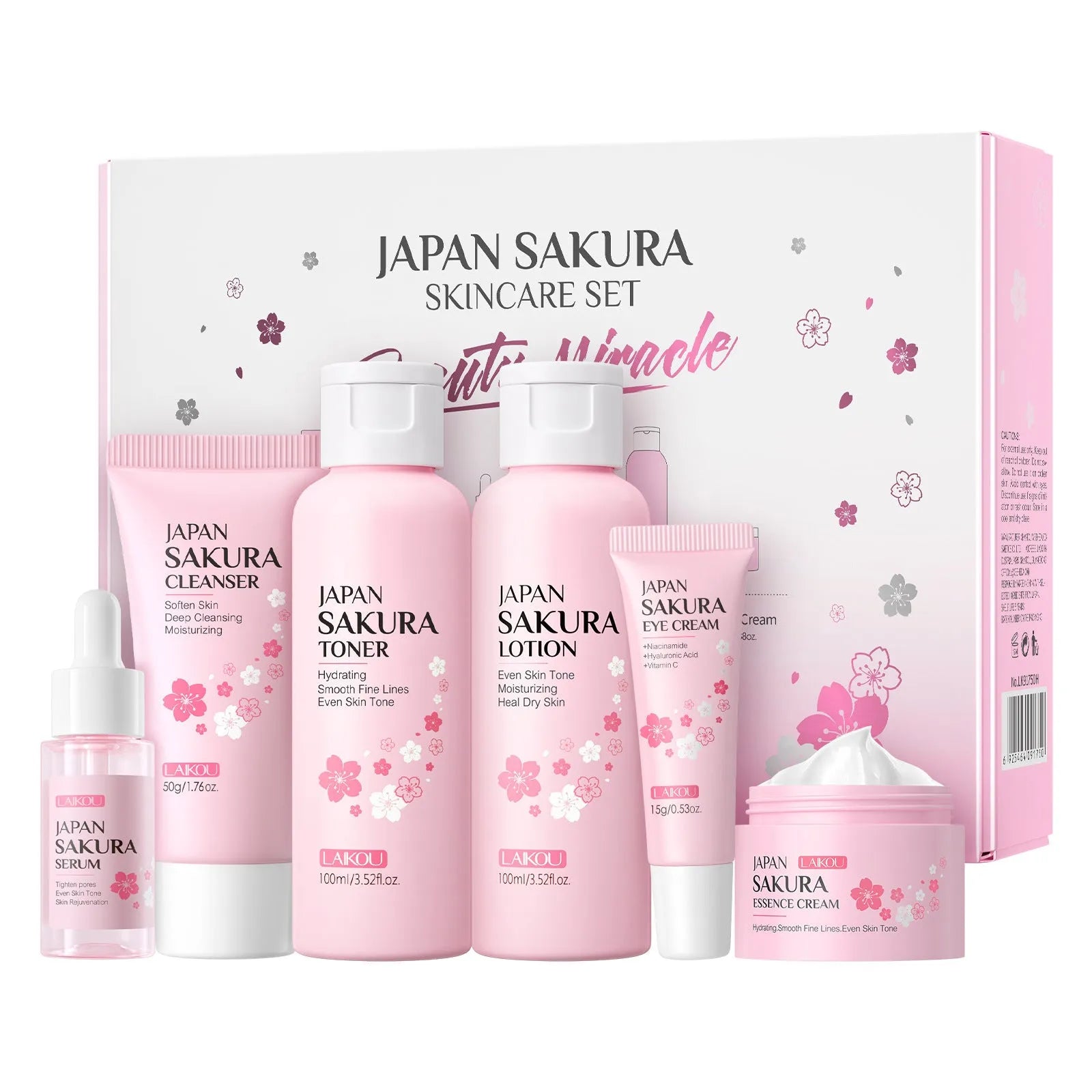Cherry Blossom 6-piece skincare set showing cleanser, toner, moisturiser, essence, eye cream and essence cream