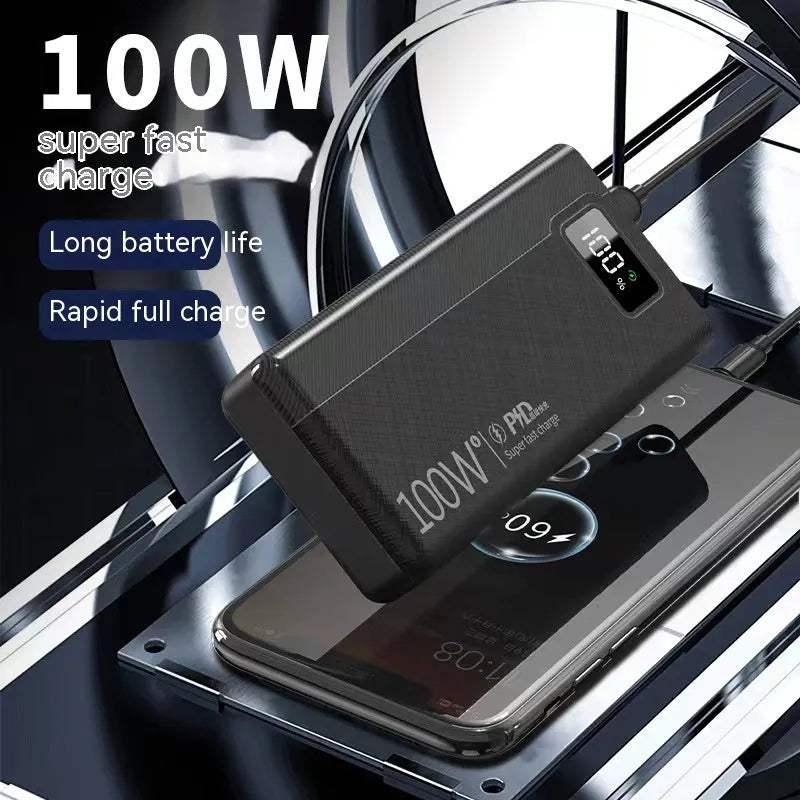 Black or white power bank measuring 150x76mm with capacity options from 20000 to 50000 mAh supporting fast charging