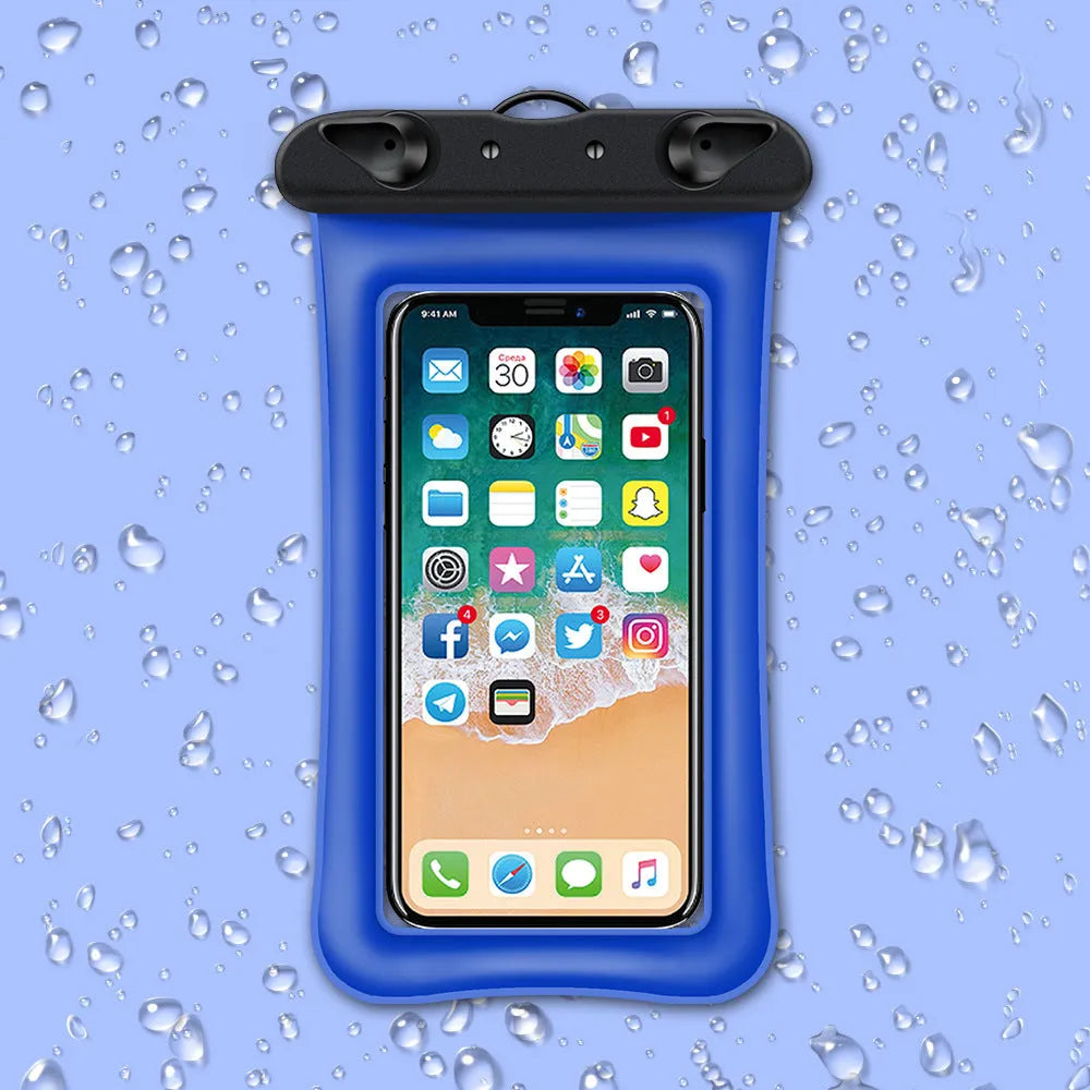 Double airbag mobile phone waterproof bag in orange with 45cm rope and ABS switch, showing lightweight design
