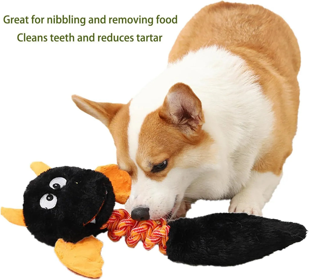 Plush dog toy with squeaker and rattling sounds, 44cm by 19cm, in black, green, or red, made from upgraded rabbit fleece