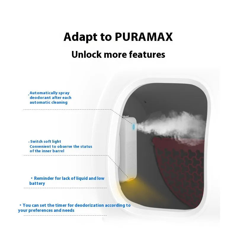 Smart Spray Odor Removal Machine for pet litter boxes, with battery compartment, mounting bracket, and purification liquid bottles.