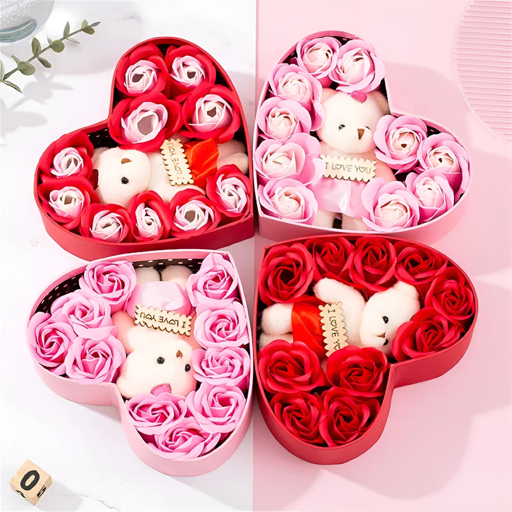 Heart-shaped red gift box containing scented soap roses for bath use