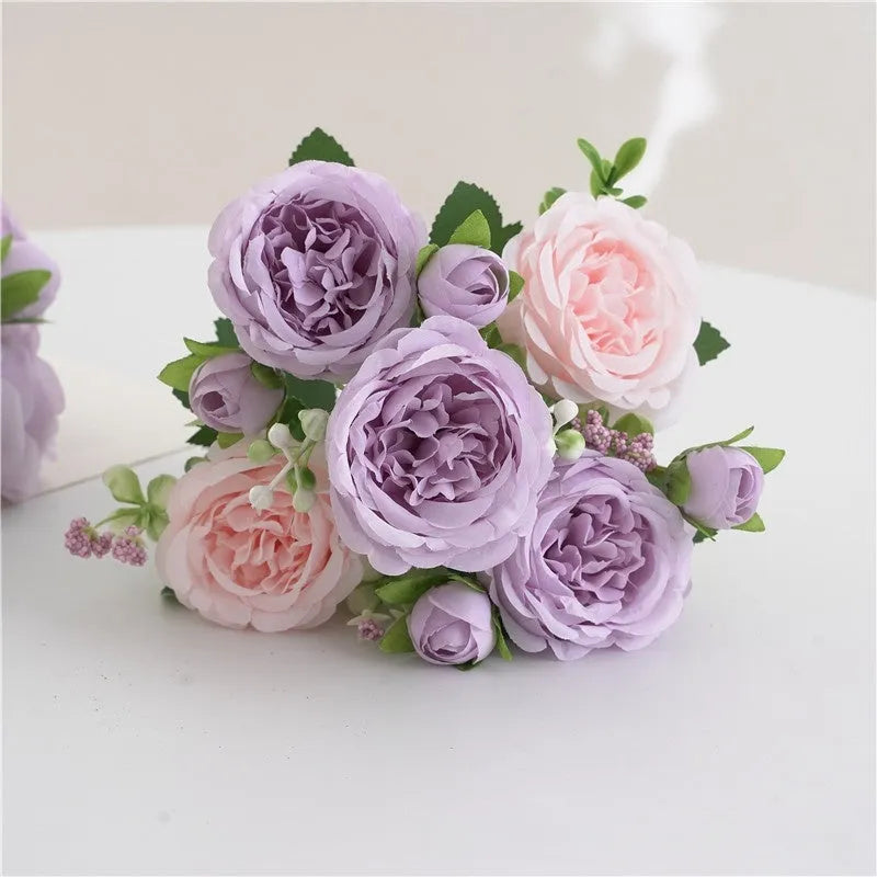 Single stem silk peony rose artificial flower hand-held bouquet in blue, showing 30cm height