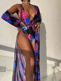 Women's three-piece polyester swimsuit set showing one-piece swimsuit and matching cover-up coat in one of four available patterns.