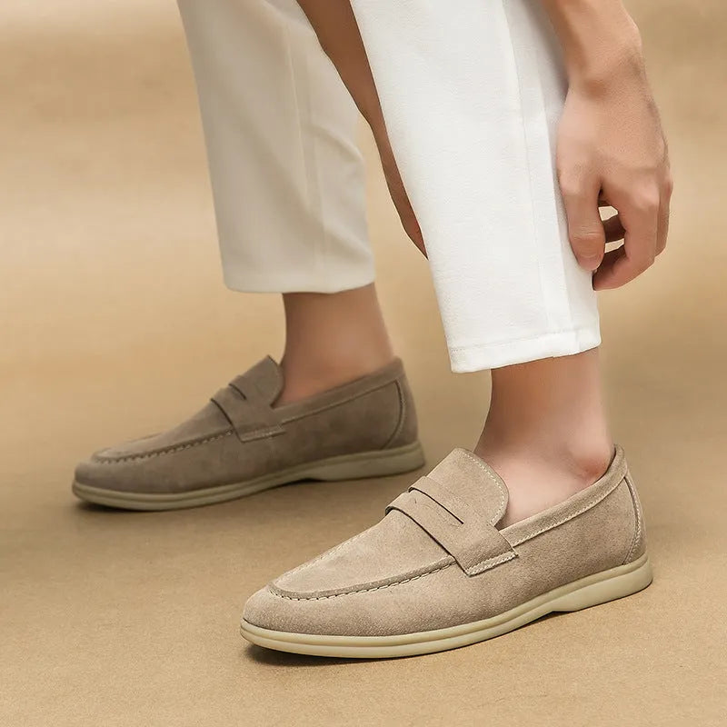 Men's slip-on leather shoes in beige with round toe and 3-5cm heel, showing two-layer cowhide upper