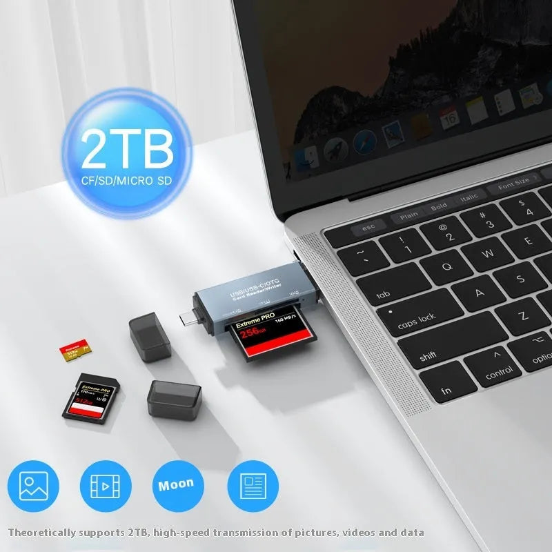 Aluminium CF SD TF three-in-one card reader measuring 9.2cm with USB and TYPE-C interfaces