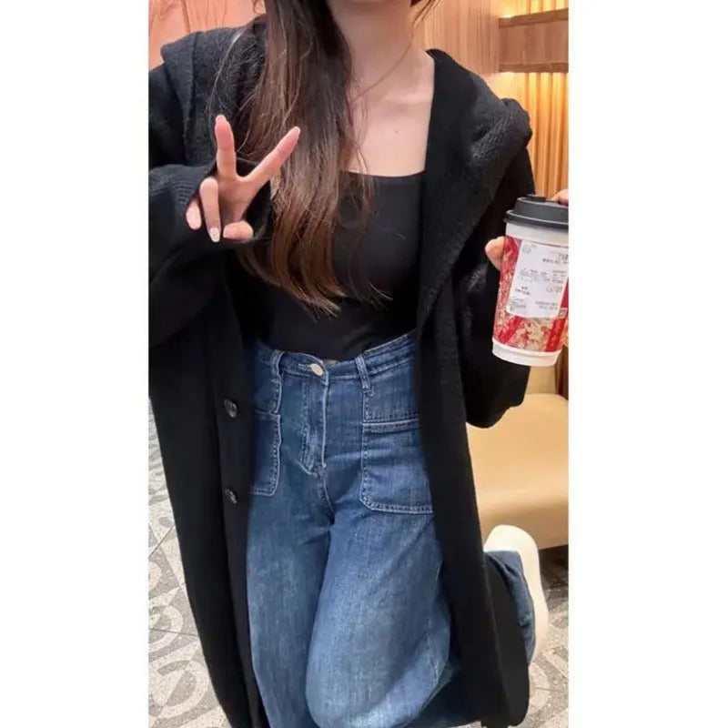 Korean style hooded long knitted cardigan for women in free size with below the knee length