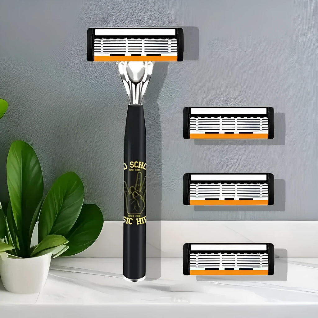 Black manual shaver handle with six-layer blade design and finger grip, showing blade holder and cutter head