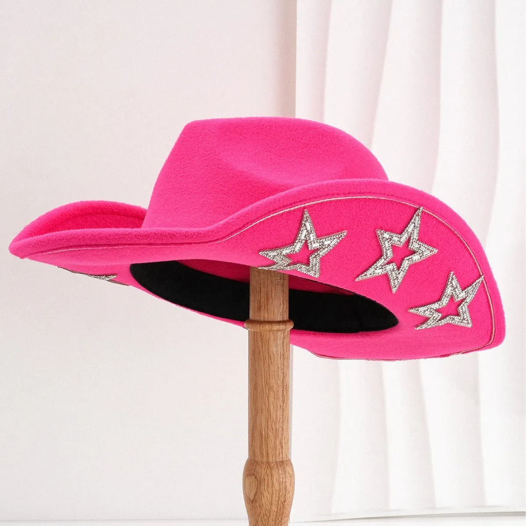 Woolen felt western denim top hat with hexagonal star in beige, black, rose red, white, light pink, or brown, conical crown style