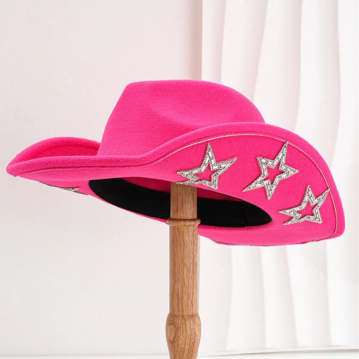 Woolen felt western denim top hat with hexagonal star in beige, black, rose red, white, light pink, or brown, conical crown style