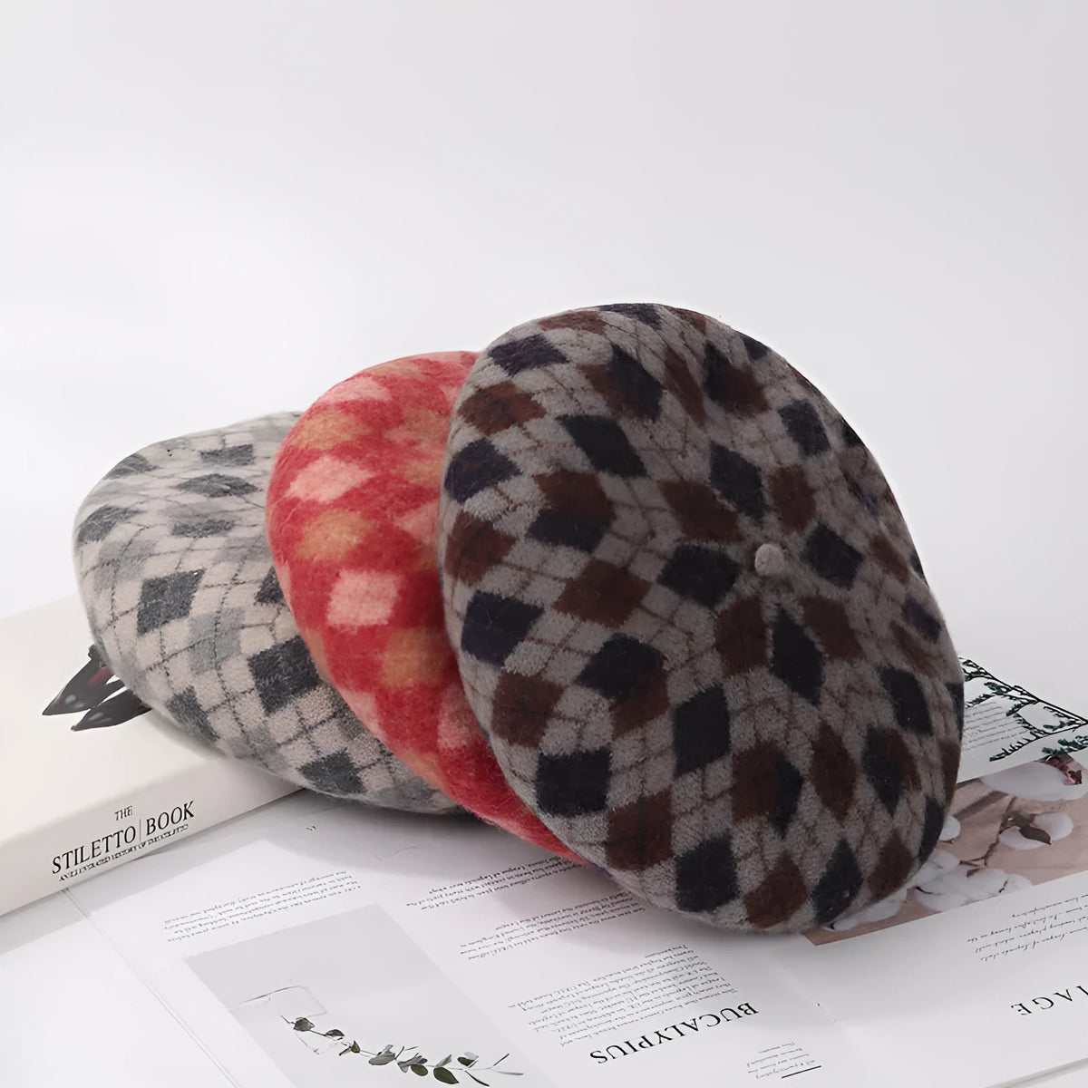 Wool plaid beret with adjustable fit, dome crown, tassel and mesh detail, in blue light coffee plaid.