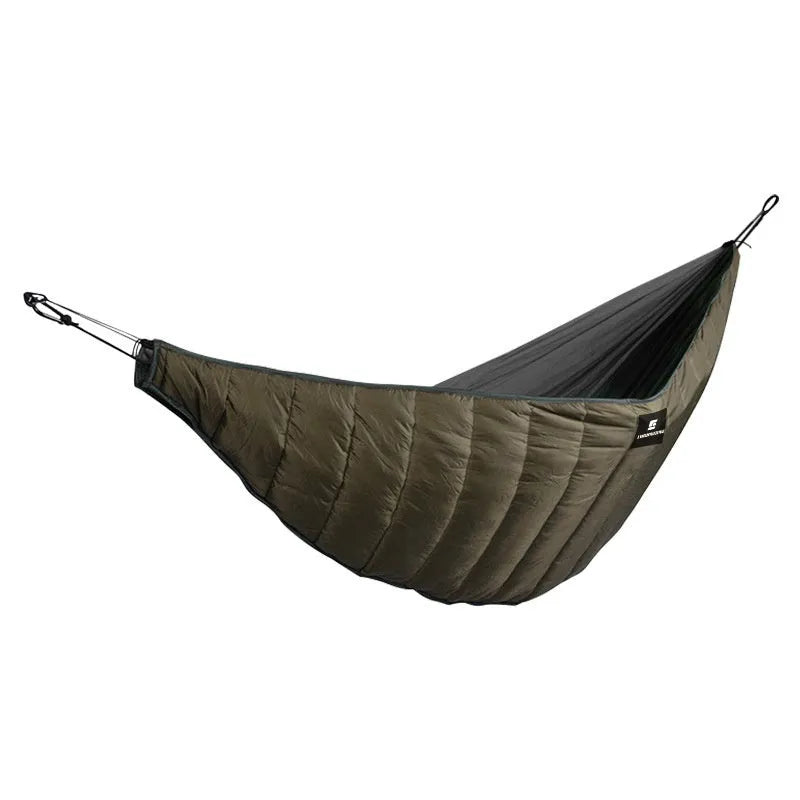 Army green thickened hammock sleeping bag with compression storage bag showing 238cm length
