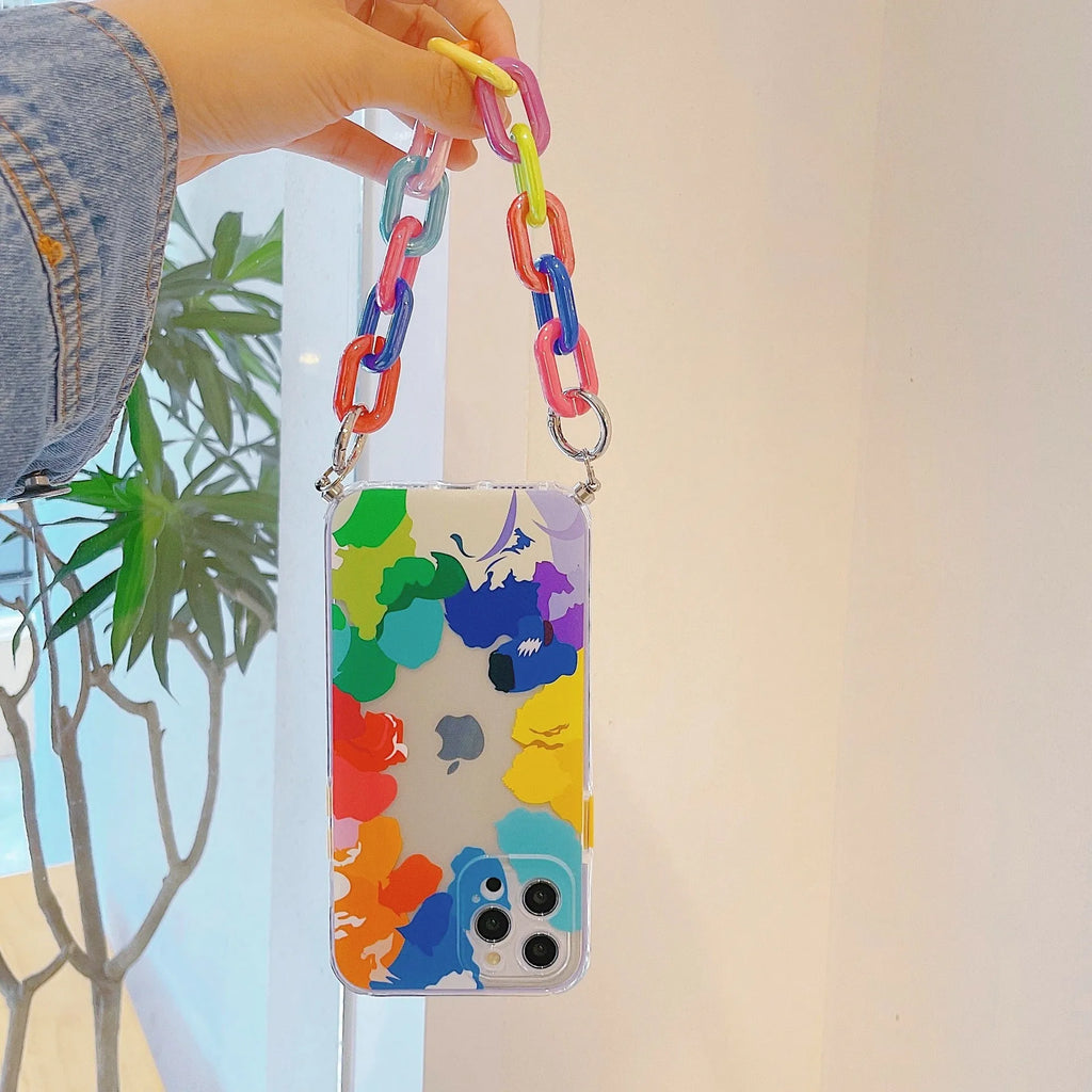 Colourful graffiti patterned phone case with built-in bracelet strap for iPhone models