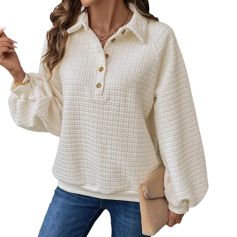 Women's solid colour polo collar sweater with long sleeves in milky white, showing thickened texture and pullover style.