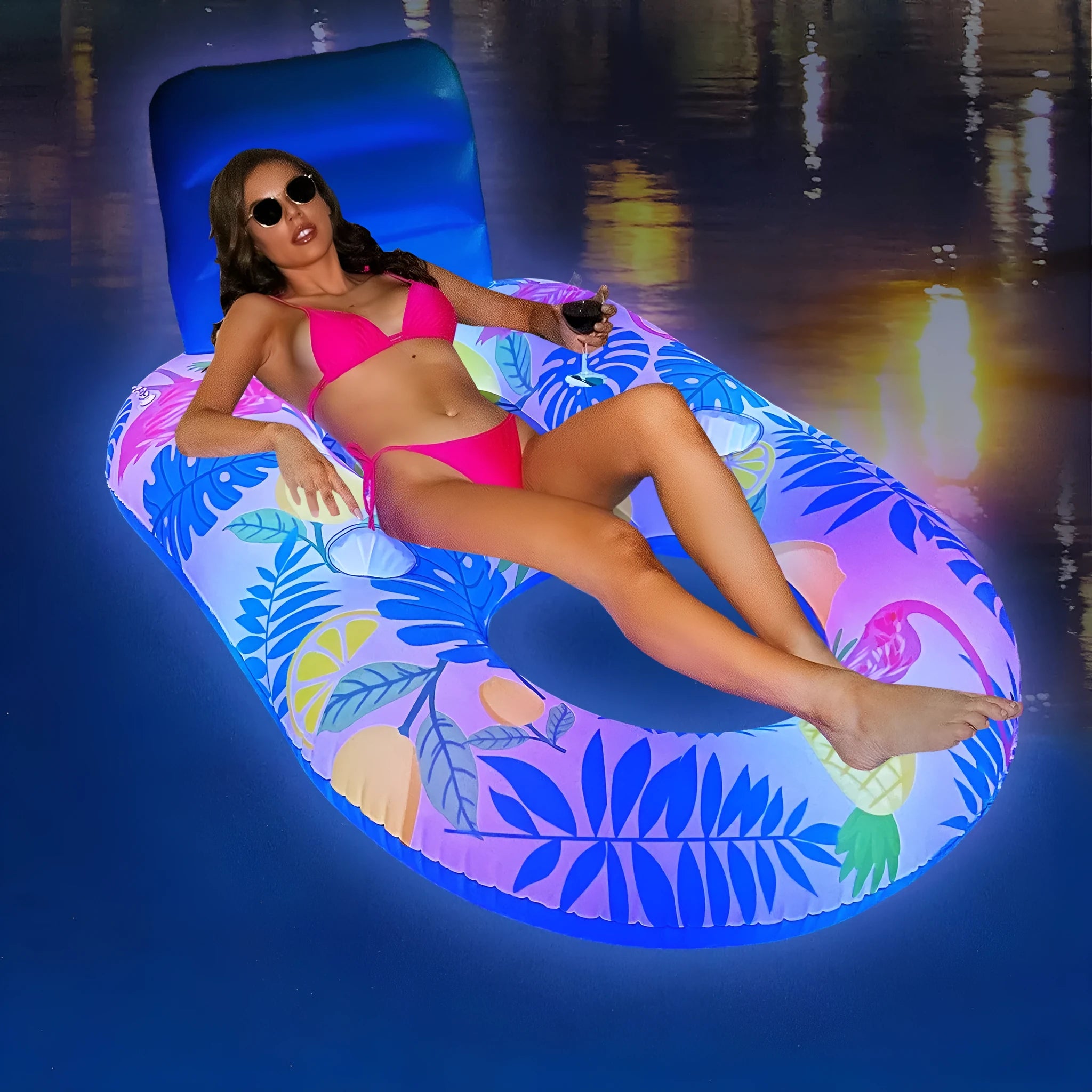 Inflatable PVC pool floating bed with backrest recliner and LED light ring in swimming pool