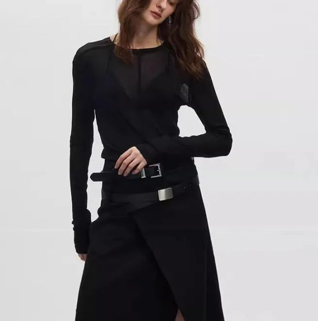 Mesh see-through texture slim-fit black pullover long sleeve with round collar, ultra-thin PU fabric