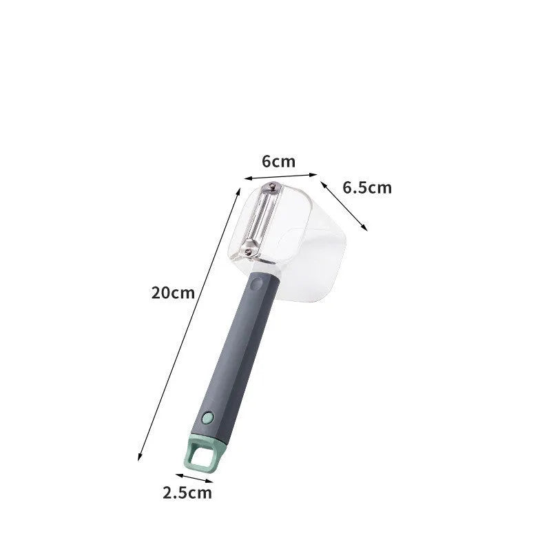 Creative stainless steel kitchen peeler with a coloured PP handle on a white background.