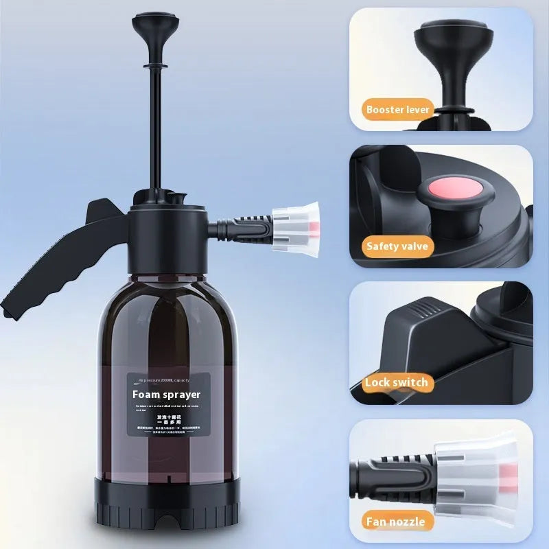 Black 2L foam watering can with switch lock, aluminium oxide tie rod, and two nozzles for car washing and gardening