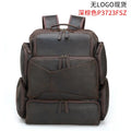 Dark brown genuine cowhide leather backpack with double shoulder straps and organisational compartments for 17-inch laptop